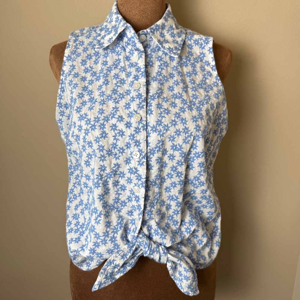 Vintage Talbots Embroidered Shirt Womens Petite 10 White Blue Floral Cottage 90s